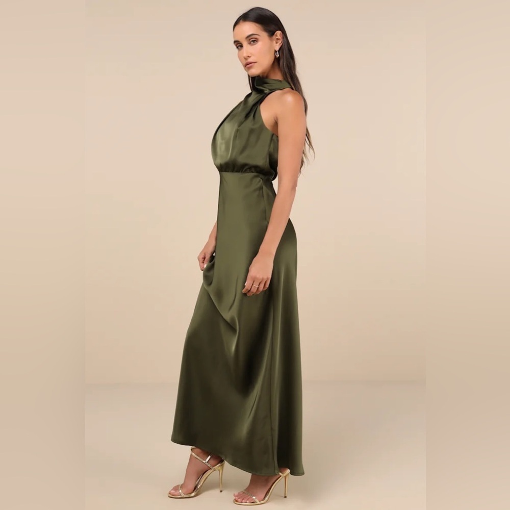 Lulus Distinctive Charm Olive Green Satin
Asymmetrical Maxi Dress - Picture 4 of 6